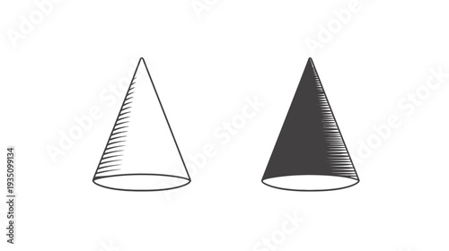 Geometric Cone Shape Vector Illustration. Two cones: outline with hatching and solid black 3D forms. Ideal for math, education, and design resources.