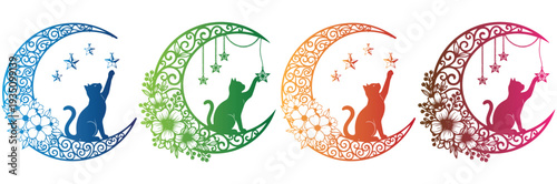 Cat sitting on crescent moon with flowers and hanging stars vector set.