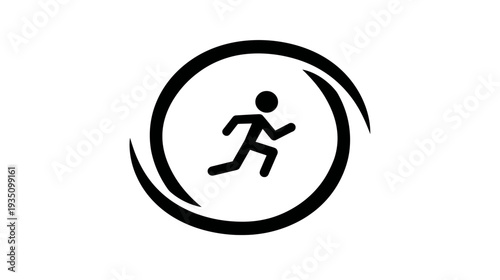 Running person icon with motion circle, black and white vector symbol for sport, fitness, speed, and activity tracking