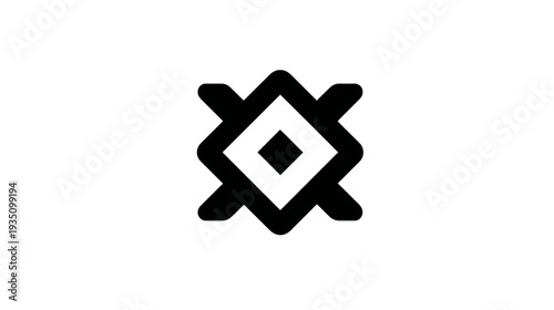 Abstract geometric symbol icon, intricate black and white pattern, traditional ethnic design element, spiritual unity motif