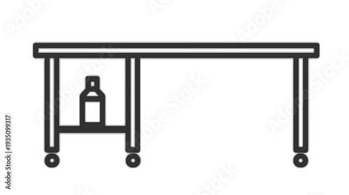 Simple line art icon of a serving cart with wheels, featuring a bottle on a lower shelf. Minimalist furniture illustration.
