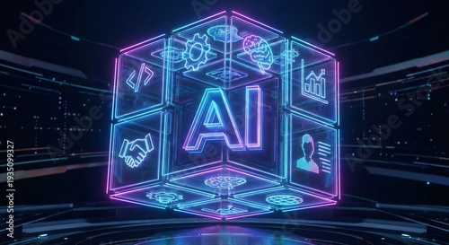 Glowing neon artificial intelligence cube hologram surrounded by modern business and technology icons representing innovative digital enterprise solutions and automated cyberspace computing