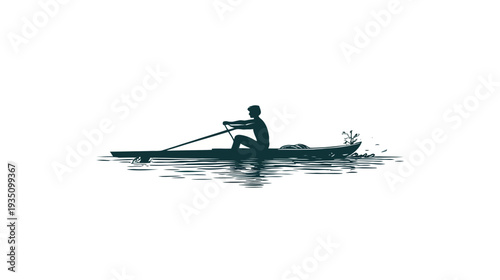 Silhouette of a solo rower in a single scull boat on calm water, showcasing fitness and sport. Minimalist graphic illustration.