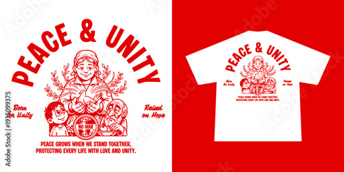 Minimalist red monochrome vector of a mother holding a peace dove with a child and an elderly man, symbolizing unity, love, and protection across generations. Features olive branches and a “No War”