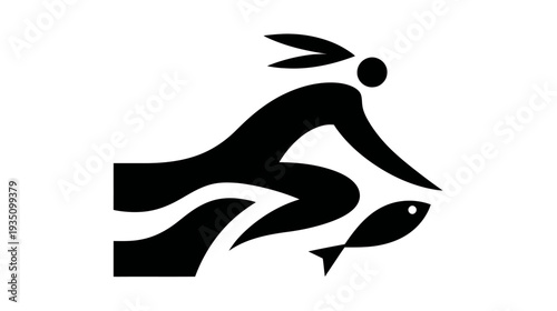Stylized silhouette of a person running or swimming with a fish, dynamic minimalist graphic design, nature and movement concept.