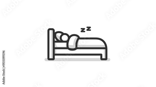 Minimalist black and white icon of a person sleeping soundly in a bed, symbolizing rest, relaxation, good night, and healthy lifestyle.