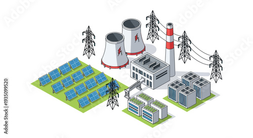 Isometric illustration depicting a power plant complex alongside solar panels showcasing modern energy infrastructure silhouette high quality professional detailed elegant stylish