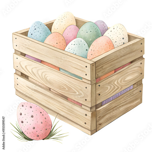 Wooden crate filled with colorful Easter eggs, one pink egg on grass nearby