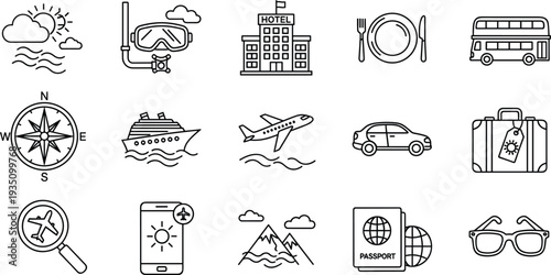 Travel and tourism line icons set including airplane hotel passport suitcase compass bus car cruise mountains vacation collection