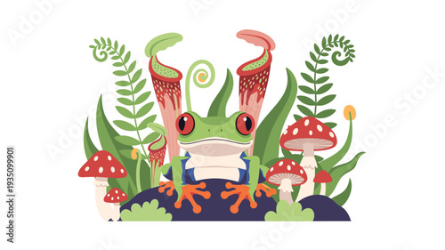 Vibrant red-eyed tree frog illustration, nestled amongst exotic pitcher plants, lush ferns, and whimsical toadstools in a captivating jungle scene.