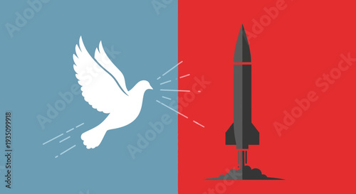 Symbolic representation of peace versus war with a dove releasing peace symbols and a rocket launching