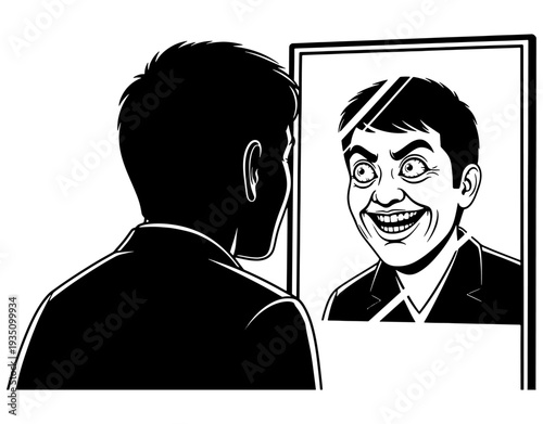Man Looking into a Mirror and Seeing a Creepy Distorted Reflection of Himself, Conceptual Illustration of Mental Health, Identity Crisis, Alter Ego, and Inner Demons.