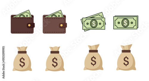 Illustrative depictions of wallets money and money bags are showcased in a flat vector style silhouette high quality professional detailed modern