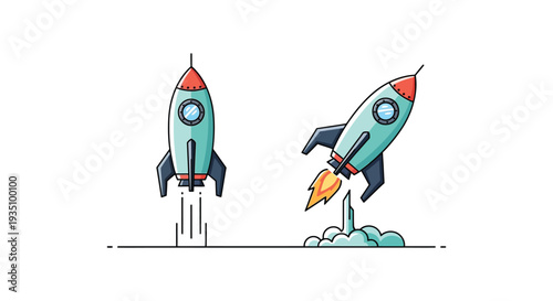 Two colorful rockets ascend with trails of fire and smoke depicted in a flat illustrative silhouette high quality professional detailed modern