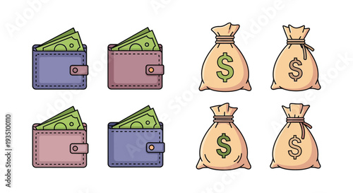 Colorful illustrations depict various wallets and money bags filled with cash showcasing financial resources silhouette high quality professional detailed modern