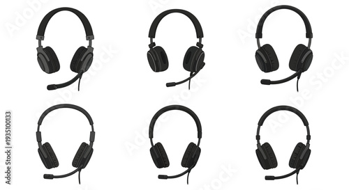 A collection of six black headphones with attached microphones displayed against a white background silhouette high quality professional detailed modern