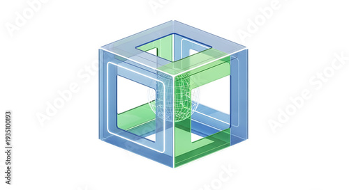A 3d cube with green and blue lines. 3D icon png.