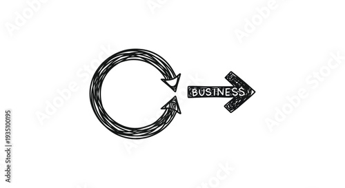 A hand drawn circular arrow points towards the word business symbolizing growth and progress a bold silhouette high quality professional detailed