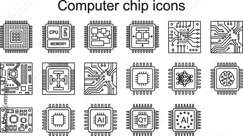 Computer chip icons set with CPU, GPU, AI processor, quantum chip and circuit board technology symbols for electronics, computing hardware and semiconductor systems