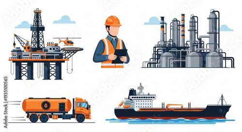 Oil Industry Equipment and Worker Illustration.