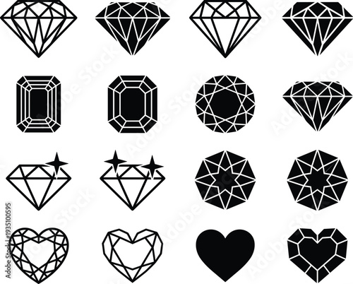 Diamond and gemstone icons collection featuring brilliant cut diamonds, heart shaped gems and luxury crystal jewelry symbols for fashion, jewelry design and gemstone illustration