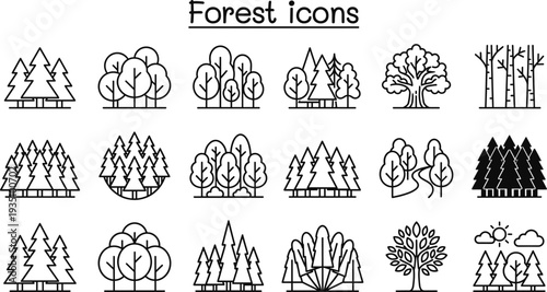 Forest icons set featuring trees, woodland landscapes, pine forest and nature park symbols for environment, ecology, outdoor landscape and natural ecosystem illustration