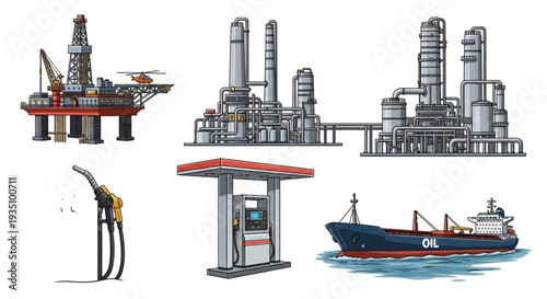 Oil Industry Equipment Collection Illustration.
