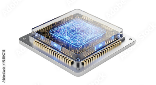 A blurry image of a square microchip with blue and gold components. 3D icon png.