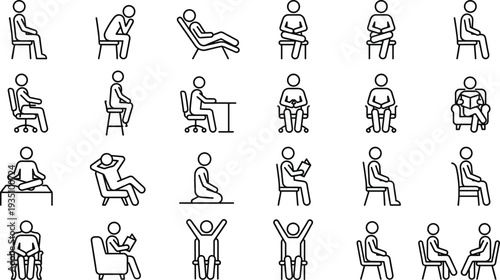 People sitting icons set showing different human sitting positions on chair, sofa and floor for posture, relaxation, office work and lifestyle illustration