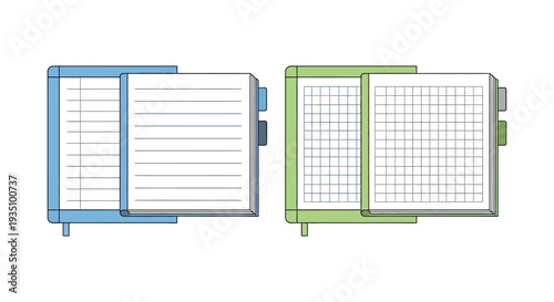 Two open notebooks with different page styles are displayed against a white background appearing as a flat silhouette high quality professional