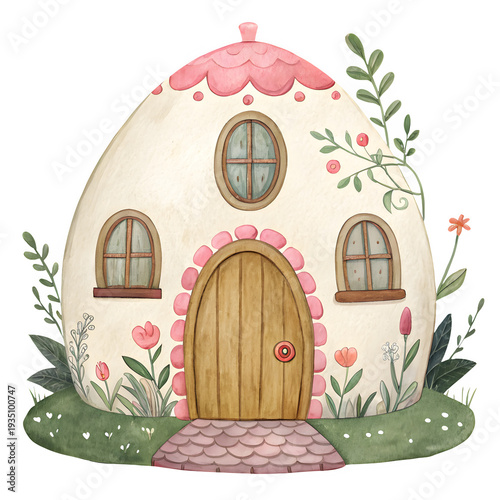 Cozy watercolor egg home with pink scalloped trim and arched wooden door surrounded by spring tulips