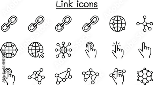 Link icons set featuring chain links, network connections, web links, global connectivity and touch interaction symbols for internet technology, digital communication and networking