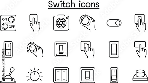 Switch icons set featuring toggle switch, push button, light switch, control knob and touch interface symbols for electrical control, smart devices and user interface
