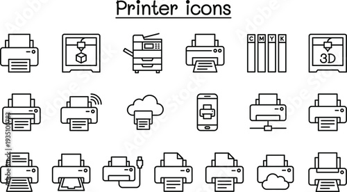 Printer icons set including 3D printer, wireless printer, cloud printing, ink cartridges and office printing devices for technology, office equipment and digital printing concepts