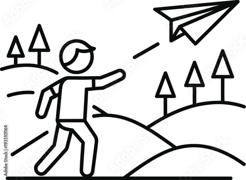A simple drawing of a person throwing a paper airplane in a landscape with trees and hills.