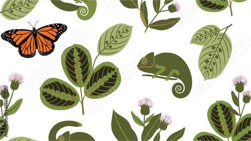 Vibrant seamless pattern showcasing a beautiful monarch butterfly, a chameleon, and various green foliage elements on a clean white background.