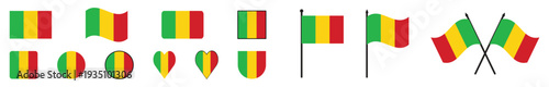 Mali Flag Vector Icon Set National Symbols of Mali in Various Shapes and Waving Styles.