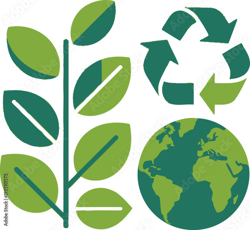 Green eco earth icon with leaves and seamless nature pattern design