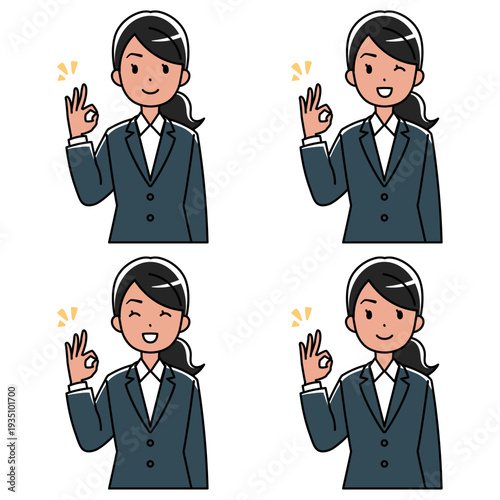 笑顔でOKサインをするスーツの東南アジア系女性のイラスト