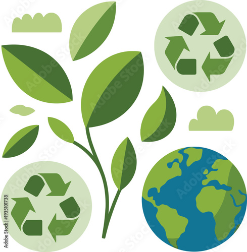 Green eco earth icon with leaves and seamless nature pattern design