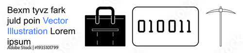 Data analysis, business tools, mining, coding, digital transformation, productivity. Features briefcase, binary code pickaxe. Data analysis and business tools concepts