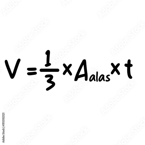 Pyramid volume formula isolated on white background mathematics equation handwritten in simple educational style illustration.
