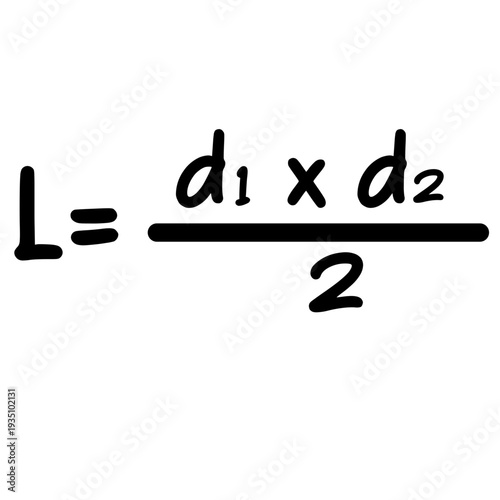 Rhombus area formula isolated on white background mathematics equation handwritten in simple educational style illustration.
