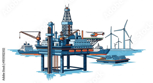 Offshore Oil Rig with Wind Turbines.