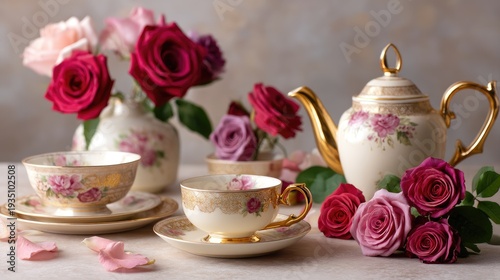 Wallpaper Mural Elegant Tea Set with Roses and Floral Arrangement for Afternoon Tea Experience Torontodigital.ca