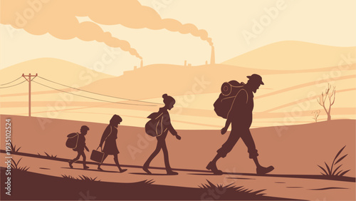 Family walking on road with industrial background at sunset symbolizing migration and journey