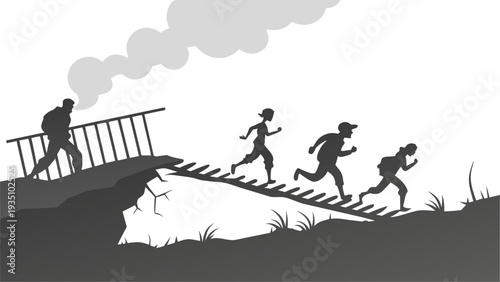 Silhouette of people running across broken bridge escaping danger dramatic scene