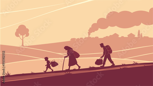 Family walking together on road towards city with luggage