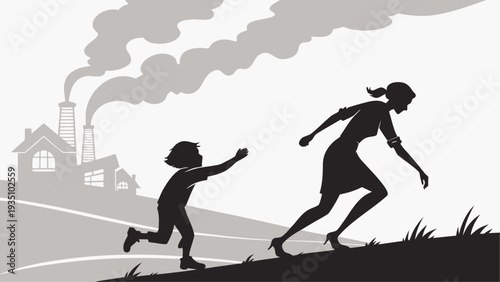 Mother and child running from industrial pollution escaping smoke and factory emissions