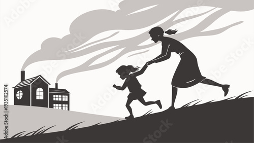 Mother and child running from burning house in silhouette